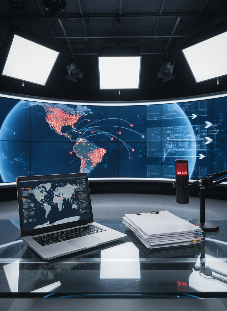 A sleek, glass-topped newsroom desk holding a neatly arranged cluster of digital devices: a thin metallic laptop displaying a world map of breaking headlines, a glossy black microphone with a red “ON AIR” indicator, and a stack of crisp white briefing folders with colored tabs. Behind the desk rises a large curved LED wall filled with sharp, high-resolution maps of Latin America and subtle data graphics. Cool, balanced studio lighting creates clean reflections on the glass surface and controlled shadows beneath the objects. Photographed at eye level with a slightly wide angle for a spacious feel, everything is in sharp focus. The atmosphere is professional, authoritative, and modern, with photographic realism that suggests real-time, reliable news coverage.