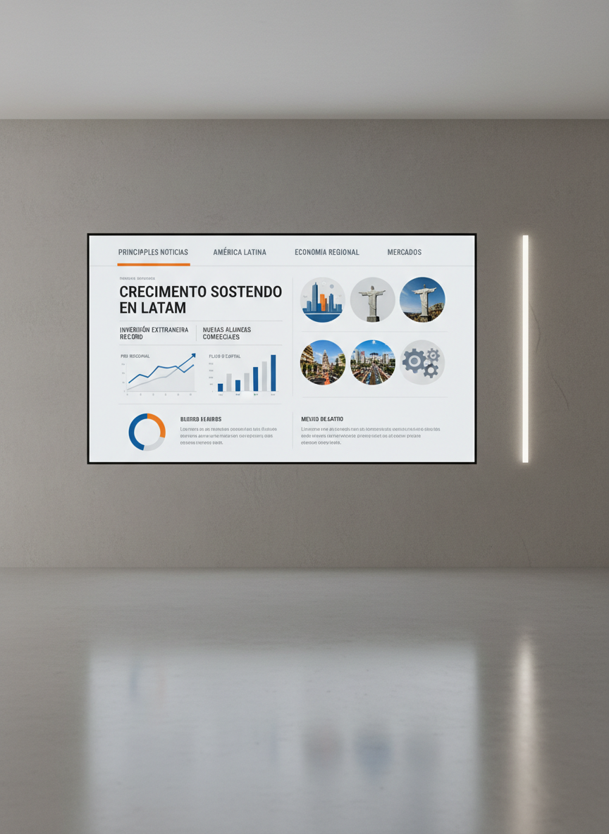 A large, contemporary wall-mounted digital screen in a minimalist newsroom environment, displaying a clean news homepage focused on Latin American headlines. The interface shows bold section titles, charts, and small thumbnail images of city skylines and economic indicators, all framed within a precise grid. The screen is set against a neutral matte wall with subtle texture, next to a narrow vertical light panel emitting soft, cool-white illumination. The floor below is a smooth, reflective gray surface that mirrors faint colors from the display. Captured straight-on with perfect verticals and overall sharp focus, the composition emphasizes clarity and organization. The mood is calm, analytical, and trustworthy, conveying a professional, data-driven news platform in photographic realism.