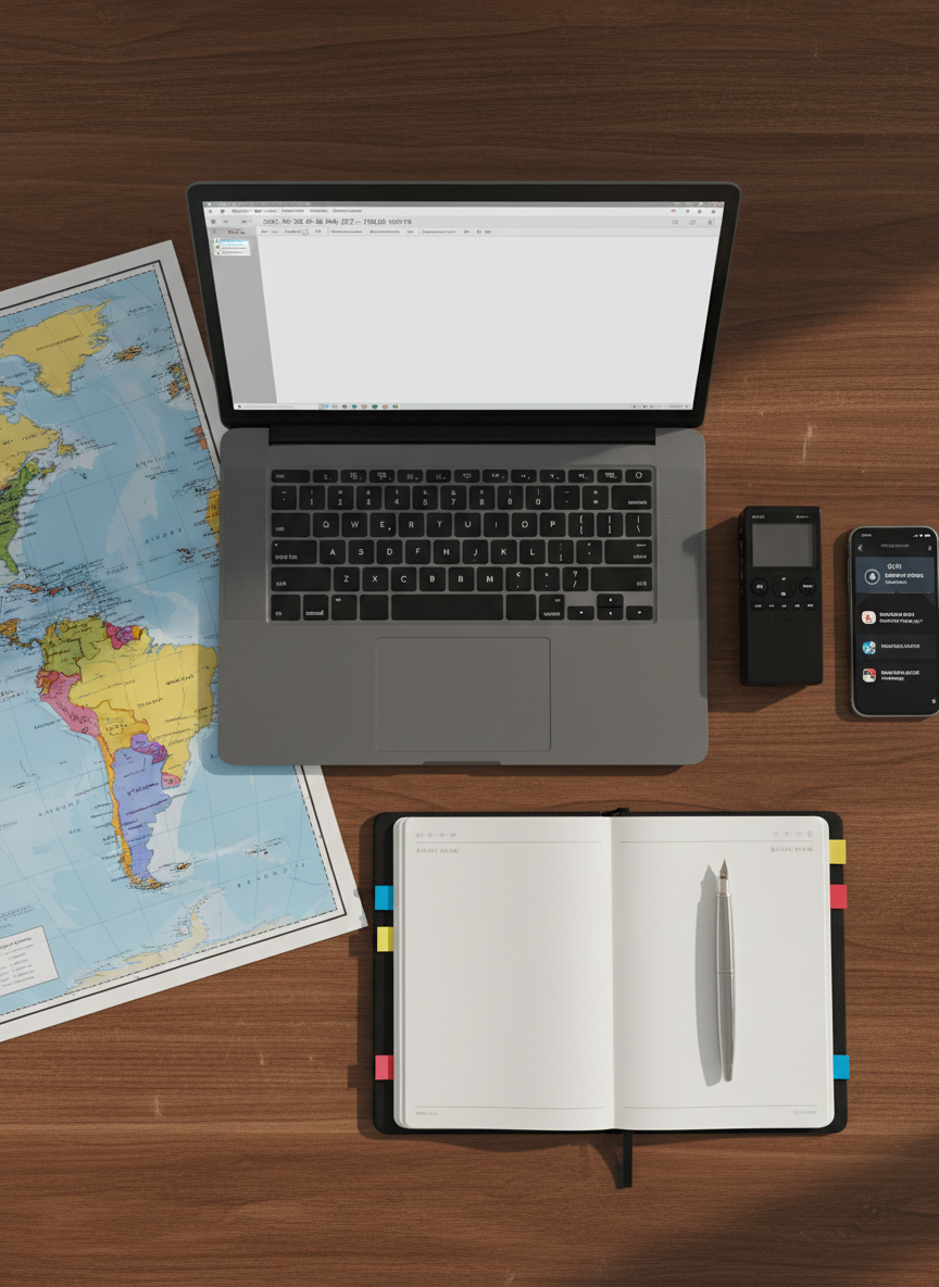 A high-detail flat lay of essential news-gathering tools arranged on a smooth dark-wood surface: an open graphite-gray laptop with a blank document and timestamped header, a slim digital audio recorder, a polished metal pen resting on a structured notebook with color-coded sticky flags, and a smartphone showing notification icons for breaking alerts. A world atlas opened to Latin America lies partially under the laptop, its pages slightly textured and vividly colored. Soft, diffused daylight from an unseen window to the left casts gentle, directional shadows and highlights the grain of the wood. Shot from a perfect overhead, bird’s-eye perspective with crisp focus across the frame, the atmosphere feels methodical and precise, evoking the disciplined, professional process behind reliable news.